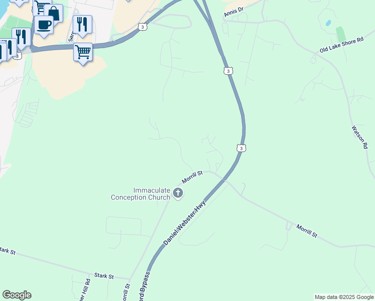 map of restaurants, bars, coffee shops, grocery stores, and more near 33 Farm View Lane in Gilford