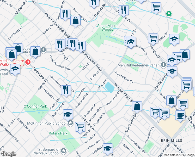 map of restaurants, bars, coffee shops, grocery stores, and more near 5479 Fudge Terrace in Mississauga