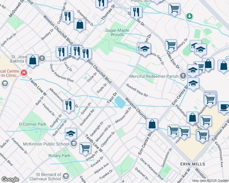 map of restaurants, bars, coffee shops, grocery stores, and more near 3017 Tacc Drive in Mississauga