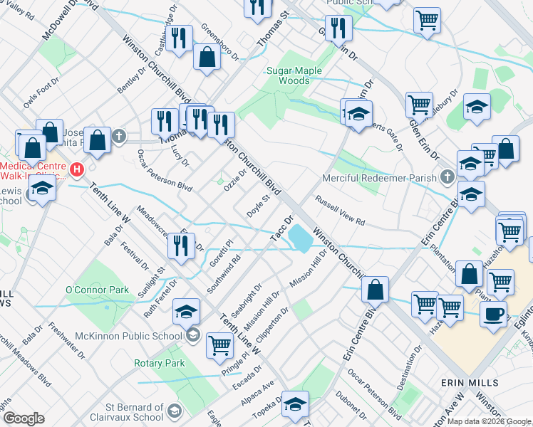 map of restaurants, bars, coffee shops, grocery stores, and more near 5479 Fudge Terrace in Mississauga