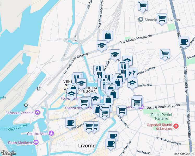 map of restaurants, bars, coffee shops, grocery stores, and more near 3 Via Torretta in Livorno
