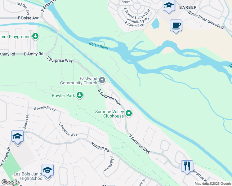 map of restaurants, bars, coffee shops, grocery stores, and more near 5134 South Surprise Way in Boise
