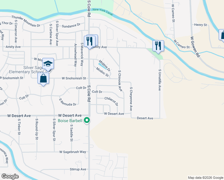 map of restaurants, bars, coffee shops, grocery stores, and more near 7157 Wapiti Street in Boise