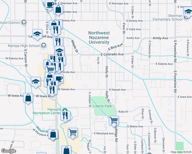 map of restaurants, bars, coffee shops, grocery stores, and more near 25 East Florida Avenue in Nampa