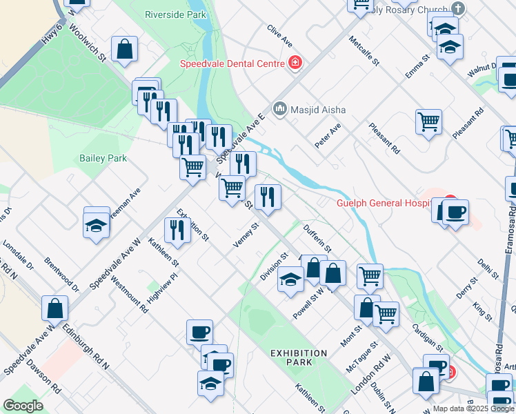 map of restaurants, bars, coffee shops, grocery stores, and more near 22 Stull Avenue in Guelph