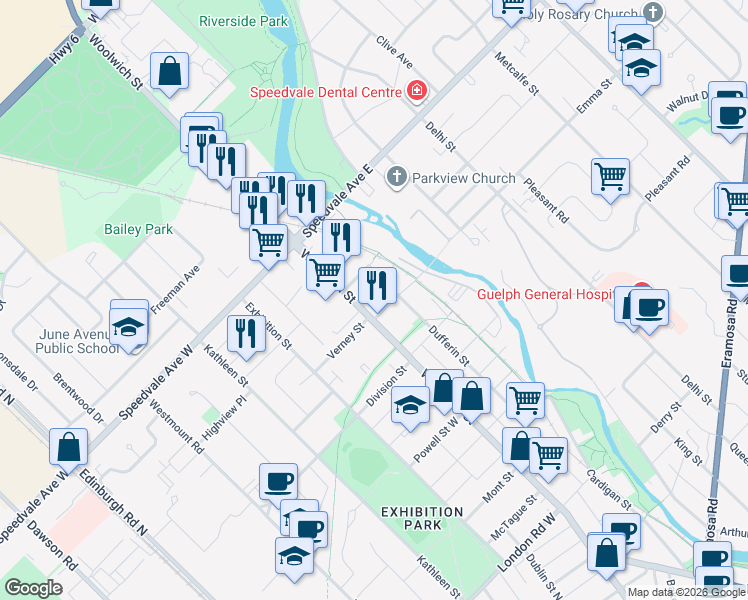 map of restaurants, bars, coffee shops, grocery stores, and more near 15 Stull Avenue in Guelph
