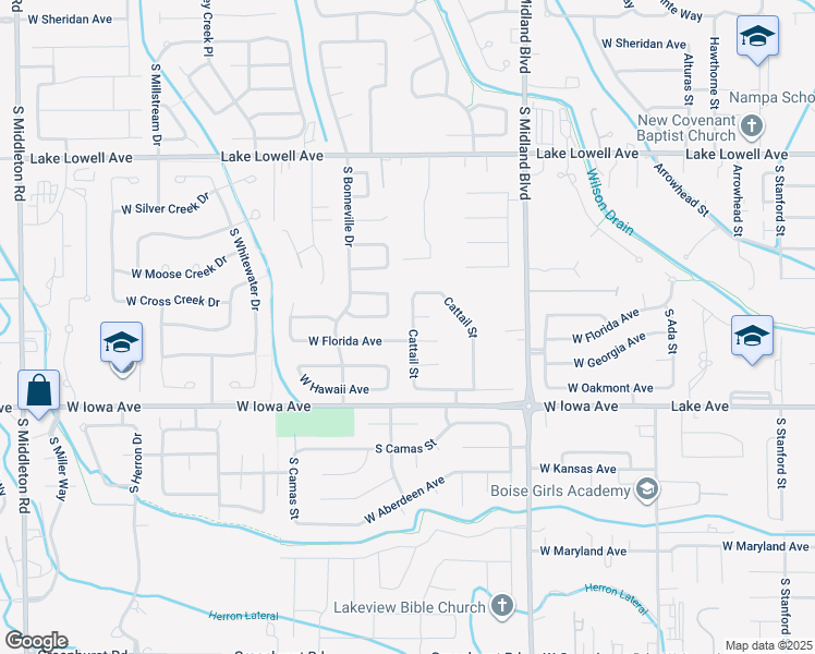 map of restaurants, bars, coffee shops, grocery stores, and more near 1233 Cattail Street in Nampa