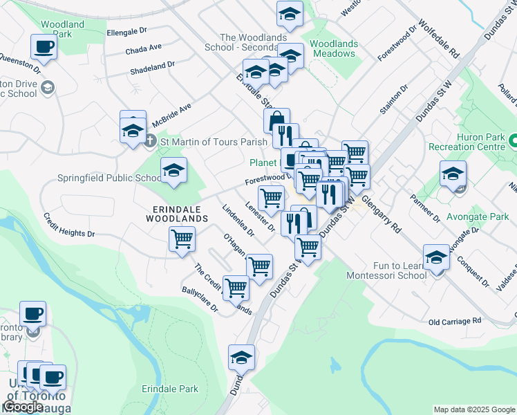 map of restaurants, bars, coffee shops, grocery stores, and more near 3107 Lenester Drive in Mississauga