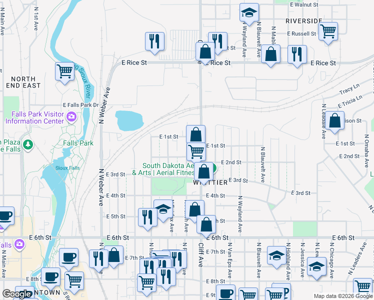 map of restaurants, bars, coffee shops, grocery stores, and more near 814 North French Avenue in Sioux Falls