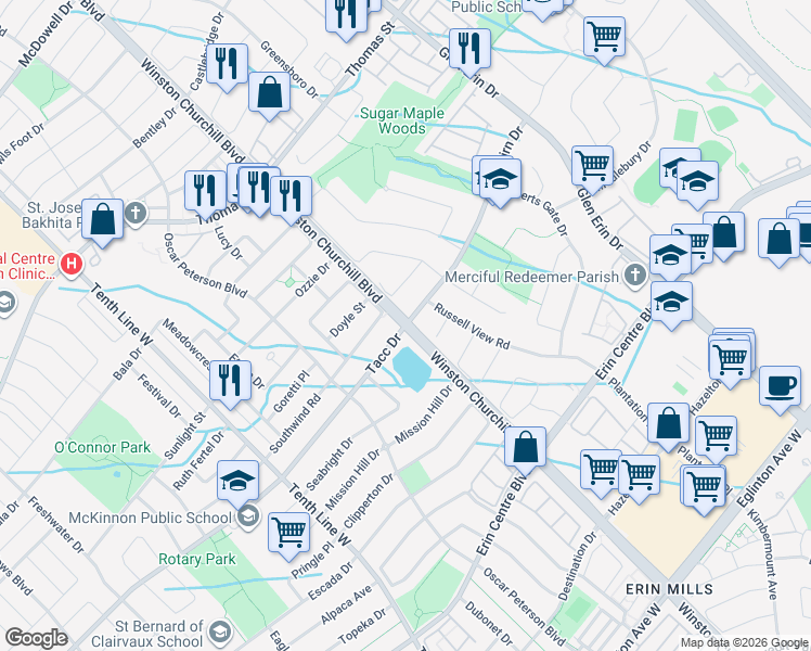 map of restaurants, bars, coffee shops, grocery stores, and more near Winston Churchill Blvd & Tacc Dr in Mississauga
