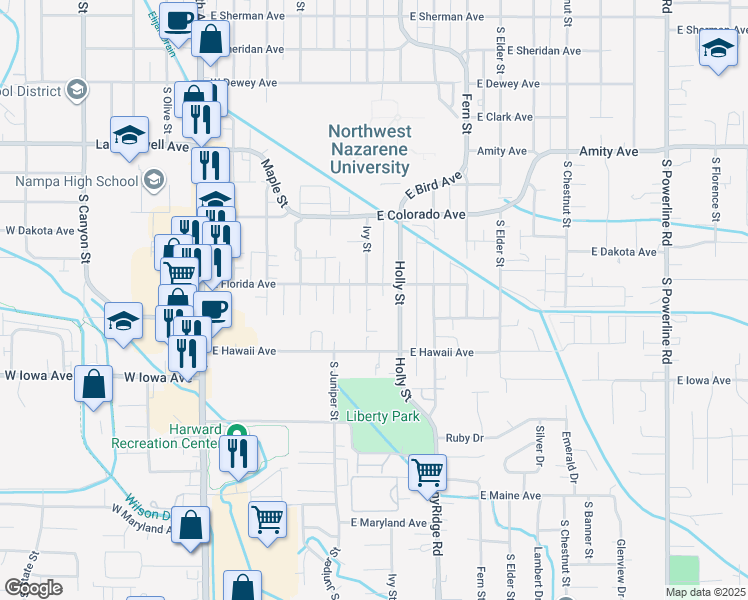 map of restaurants, bars, coffee shops, grocery stores, and more near 1203 Holly Street in Nampa