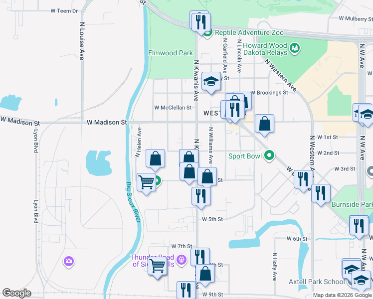 map of restaurants, bars, coffee shops, grocery stores, and more near 813 North Kiwanis Avenue in Sioux Falls