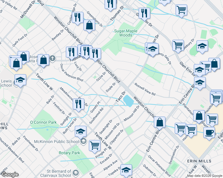 map of restaurants, bars, coffee shops, grocery stores, and more near 3050 Doyle Street in Mississauga