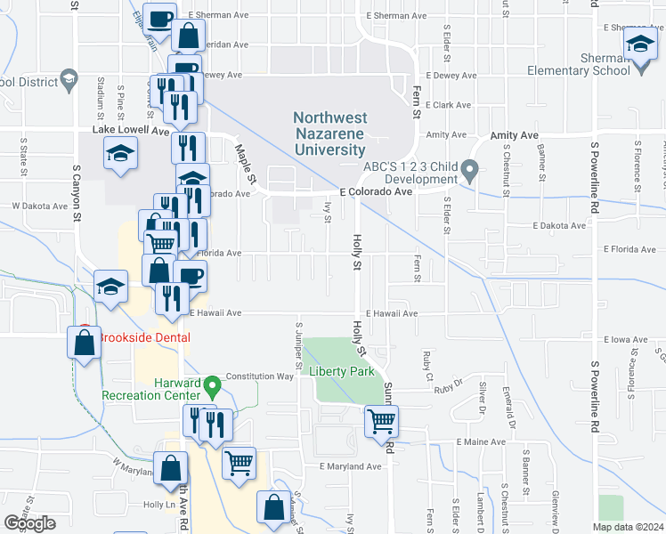 map of restaurants, bars, coffee shops, grocery stores, and more near 1216 Ivy Street in Nampa