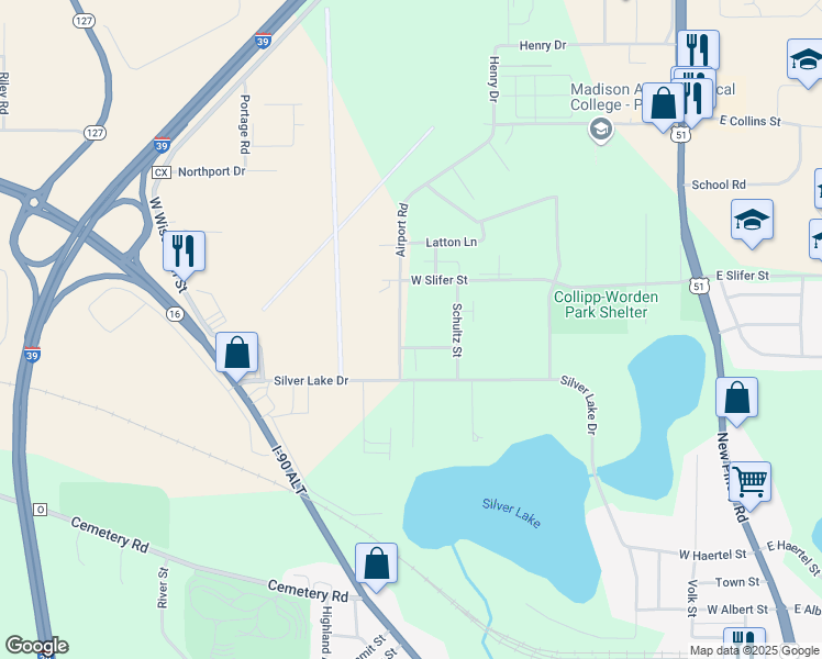 map of restaurants, bars, coffee shops, grocery stores, and more near 927 Klemp Street in Portage