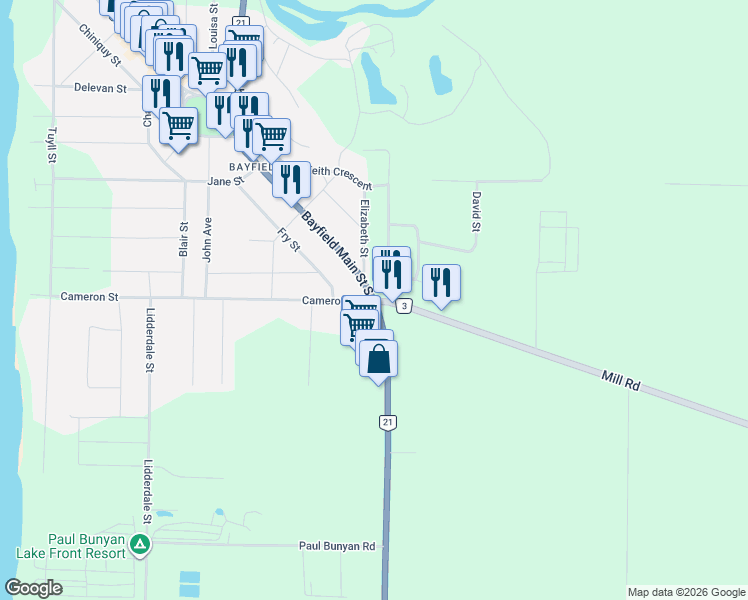 map of restaurants, bars, coffee shops, grocery stores, and more near 53 Bayfield Main Street South in Bluewater