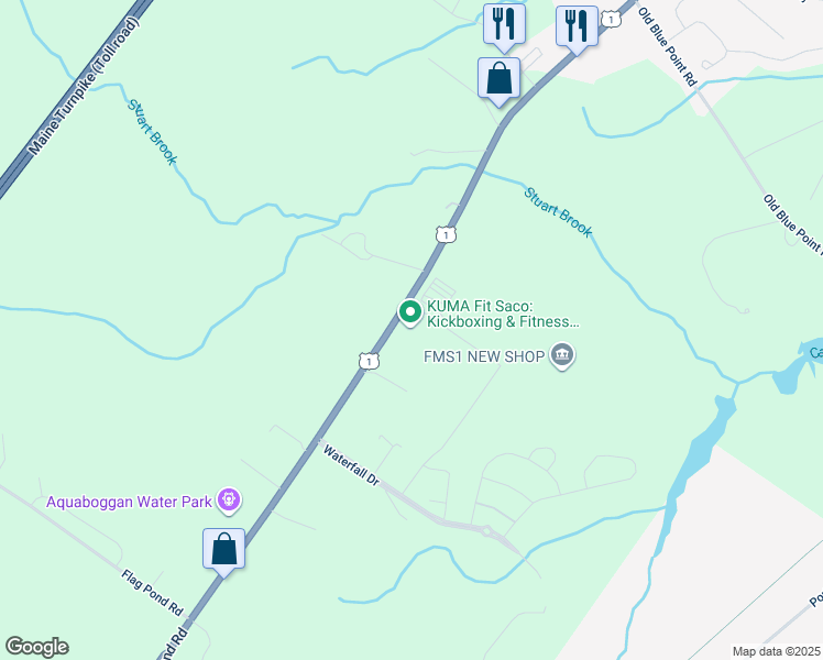 map of restaurants, bars, coffee shops, grocery stores, and more near 3 Eastview Parkway in Saco