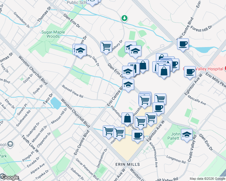map of restaurants, bars, coffee shops, grocery stores, and more near 5230 Glen Erin Drive in Mississauga