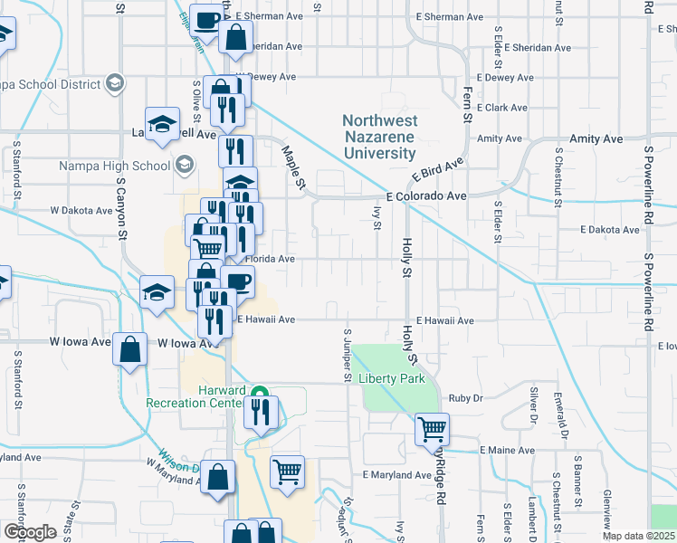 map of restaurants, bars, coffee shops, grocery stores, and more near 411 East Florida Avenue in Nampa