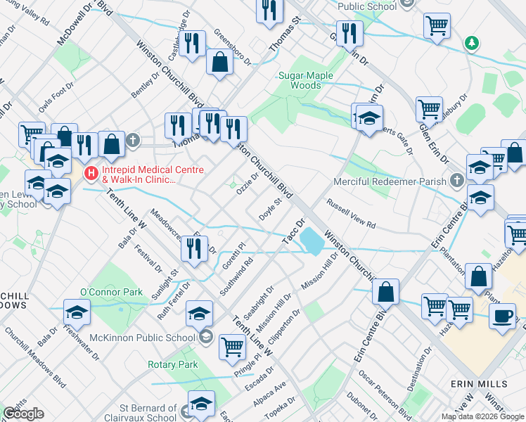 map of restaurants, bars, coffee shops, grocery stores, and more near 3085 Doyle Street in Mississauga