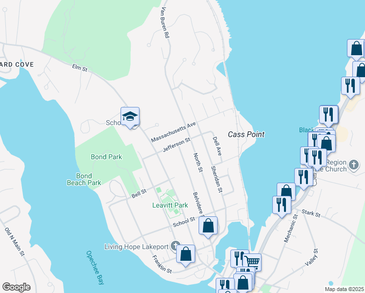 map of restaurants, bars, coffee shops, grocery stores, and more near 202 North Street in Laconia