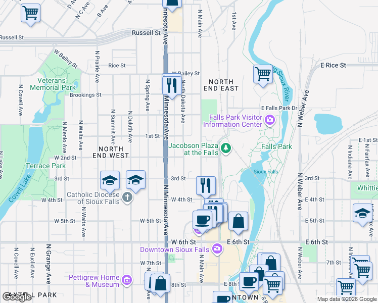 map of restaurants, bars, coffee shops, grocery stores, and more near 801 North Main Avenue in Sioux Falls