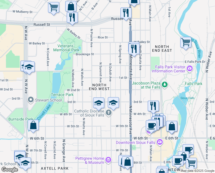 map of restaurants, bars, coffee shops, grocery stores, and more near 825 North Duluth Avenue in Sioux Falls