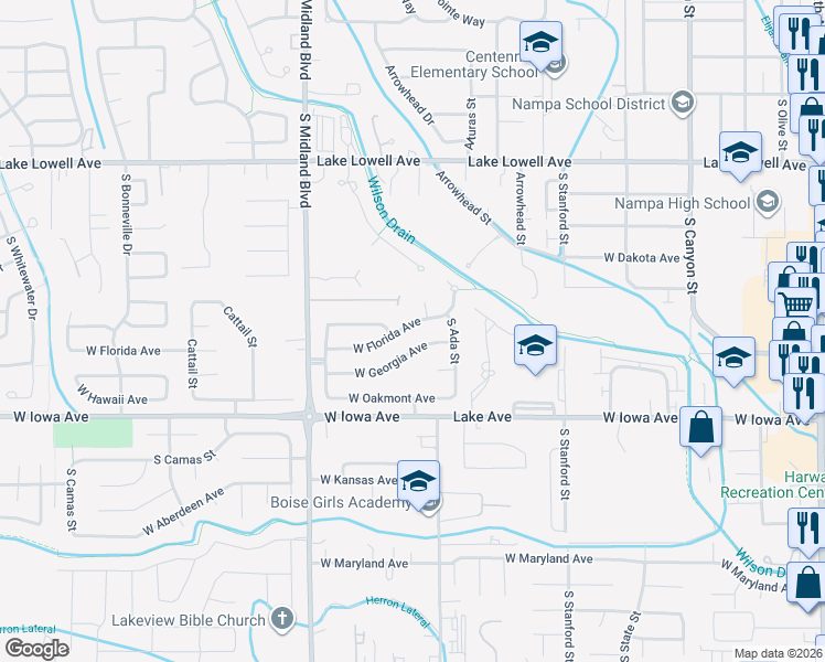 map of restaurants, bars, coffee shops, grocery stores, and more near 824 West Florida Avenue in Nampa
