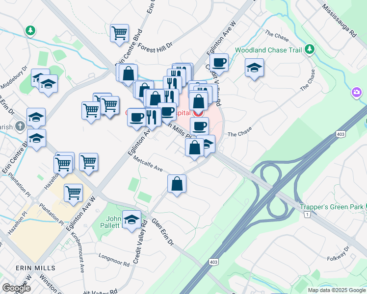 map of restaurants, bars, coffee shops, grocery stores, and more near 2275 Credit Valley Road in Mississauga