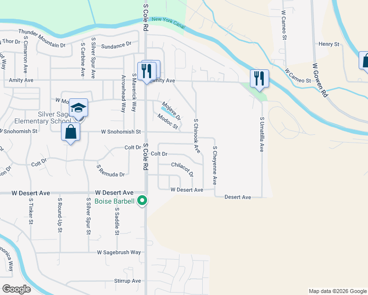 map of restaurants, bars, coffee shops, grocery stores, and more near 7157 Wapiti Street in Boise