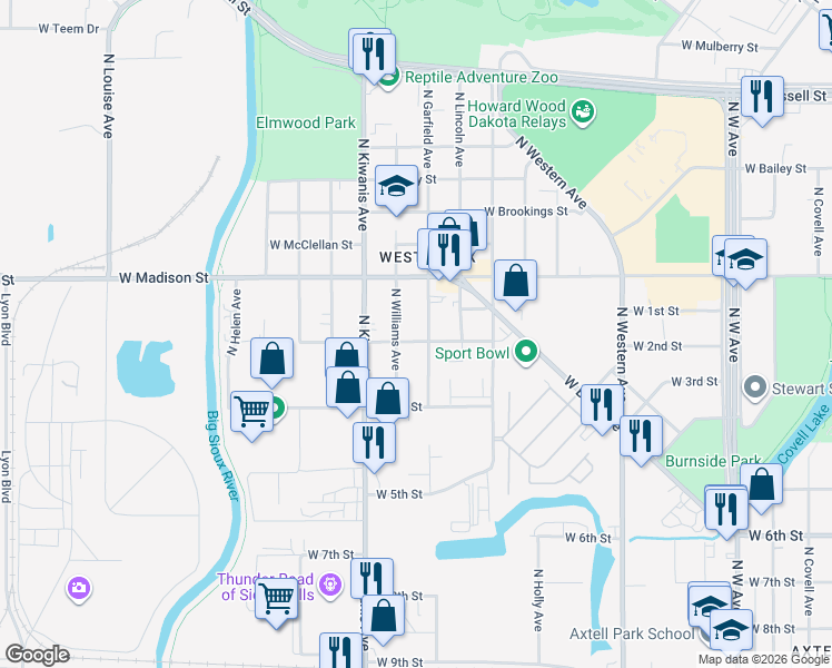 map of restaurants, bars, coffee shops, grocery stores, and more near 809 North Garfield Avenue in Sioux Falls