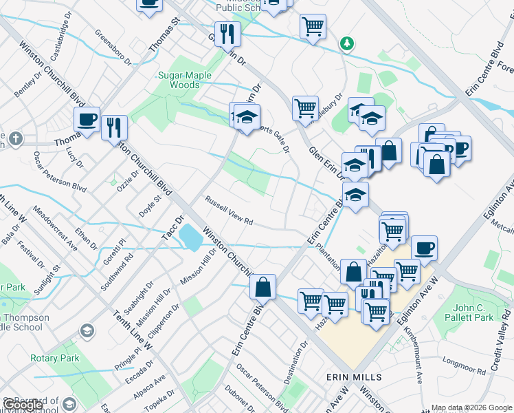 map of restaurants, bars, coffee shops, grocery stores, and more near 5303 Snowbird Court in Mississauga