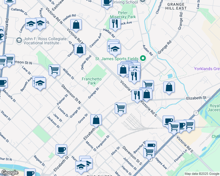map of restaurants, bars, coffee shops, grocery stores, and more near 27 Hardy Street in Guelph