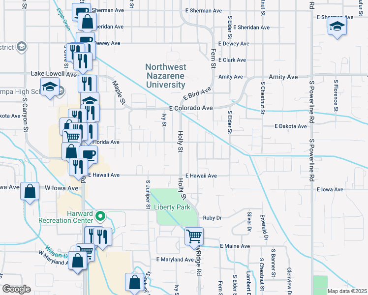 map of restaurants, bars, coffee shops, grocery stores, and more near 1210 Holly Street in Nampa