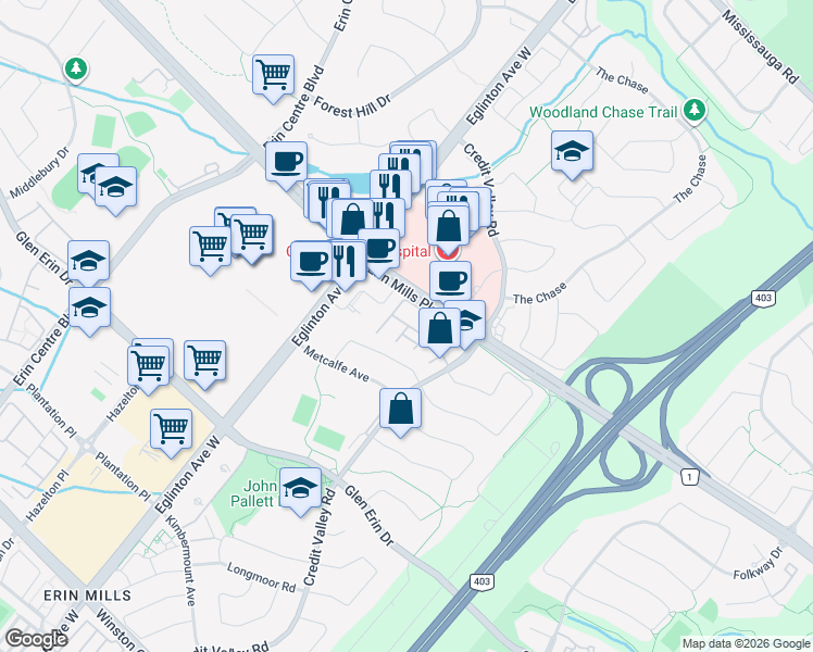 map of restaurants, bars, coffee shops, grocery stores, and more near 2275 Credit Valley Road in Mississauga