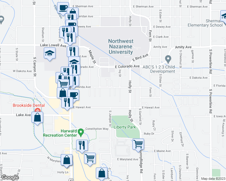 map of restaurants, bars, coffee shops, grocery stores, and more near 1212 South Juniper Street in Nampa