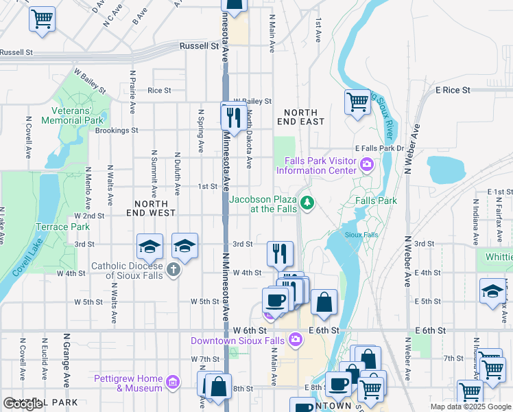 map of restaurants, bars, coffee shops, grocery stores, and more near 801 North Main Avenue in Sioux Falls