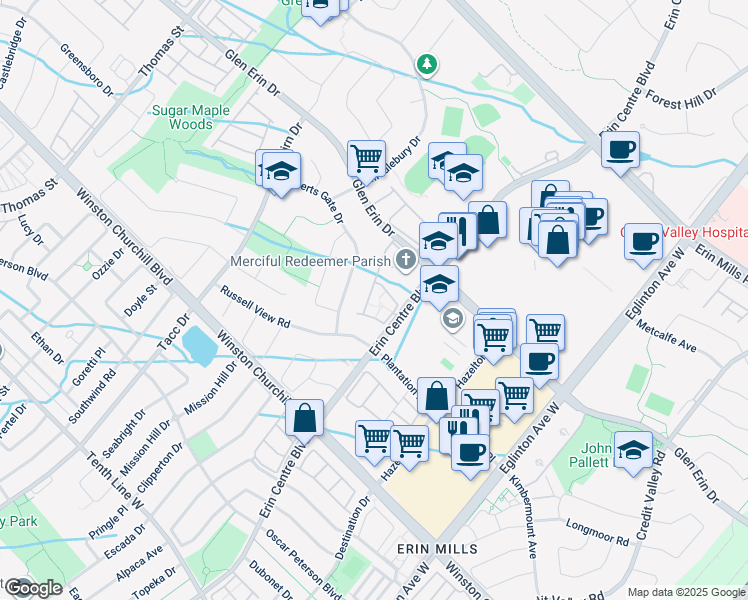 map of restaurants, bars, coffee shops, grocery stores, and more near 5230 Glen Erin Drive in Mississauga