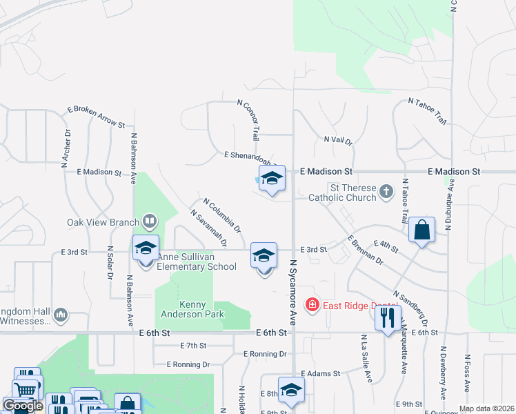 map of restaurants, bars, coffee shops, grocery stores, and more near 801 North Sycamore Avenue in Sioux Falls