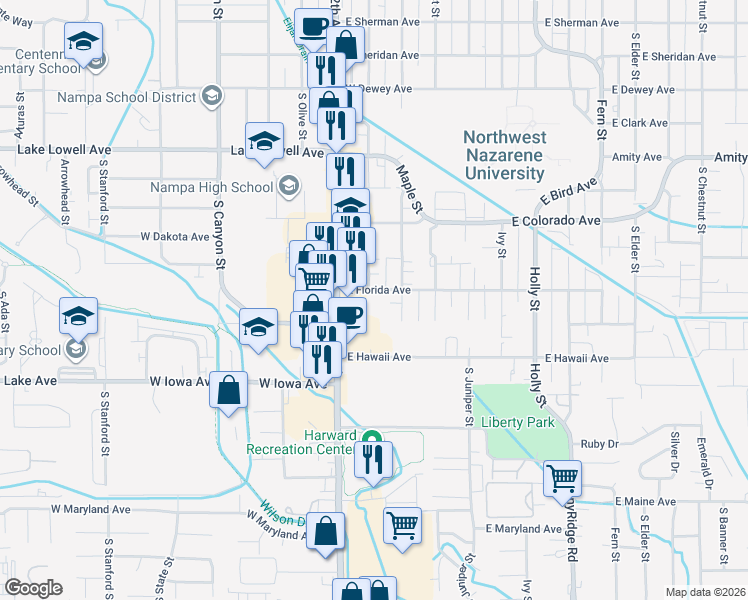 map of restaurants, bars, coffee shops, grocery stores, and more near 211 East Florida Avenue in Nampa