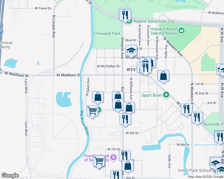map of restaurants, bars, coffee shops, grocery stores, and more near 813 North Kiwanis Avenue in Sioux Falls