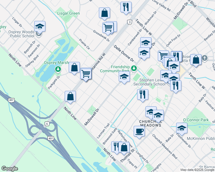 map of restaurants, bars, coffee shops, grocery stores, and more near 5910 Agean Drive in Mississauga