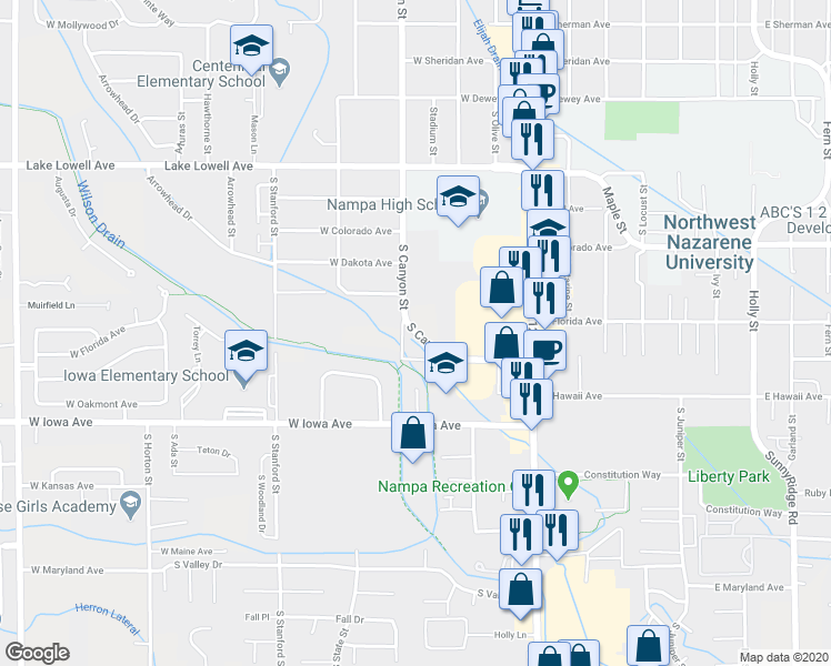 map of restaurants, bars, coffee shops, grocery stores, and more near South Canyon Street in Nampa