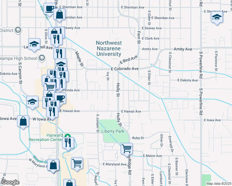 map of restaurants, bars, coffee shops, grocery stores, and more near 1203 Holly Street in Nampa
