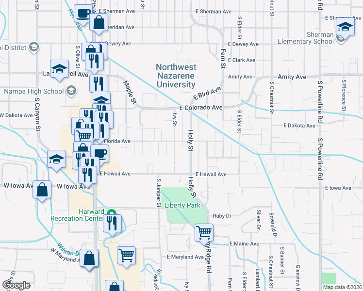 map of restaurants, bars, coffee shops, grocery stores, and more near 1203 Holly Street in Nampa