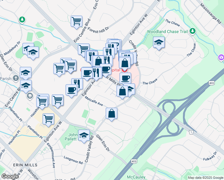 map of restaurants, bars, coffee shops, grocery stores, and more near 2275 Credit Valley Road in Mississauga