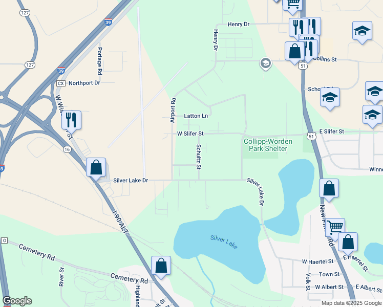 map of restaurants, bars, coffee shops, grocery stores, and more near 927 Klemp Street in Portage