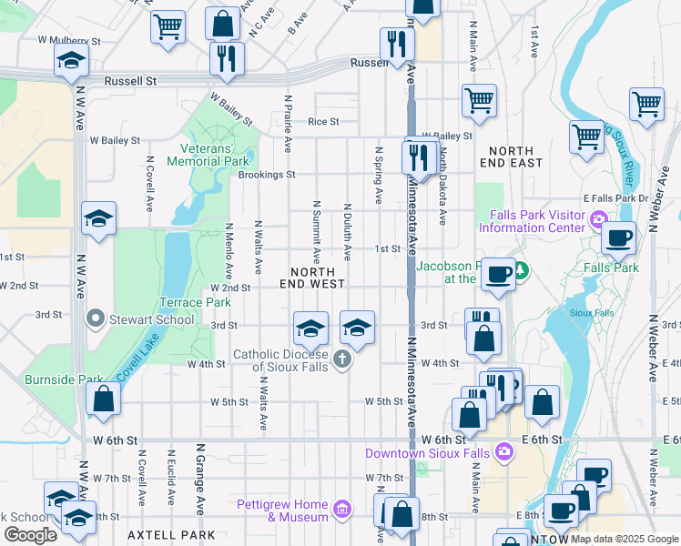 map of restaurants, bars, coffee shops, grocery stores, and more near 825 North Duluth Avenue in Sioux Falls