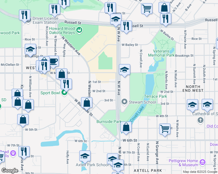 map of restaurants, bars, coffee shops, grocery stores, and more near 1505 West 1st Street in Sioux Falls