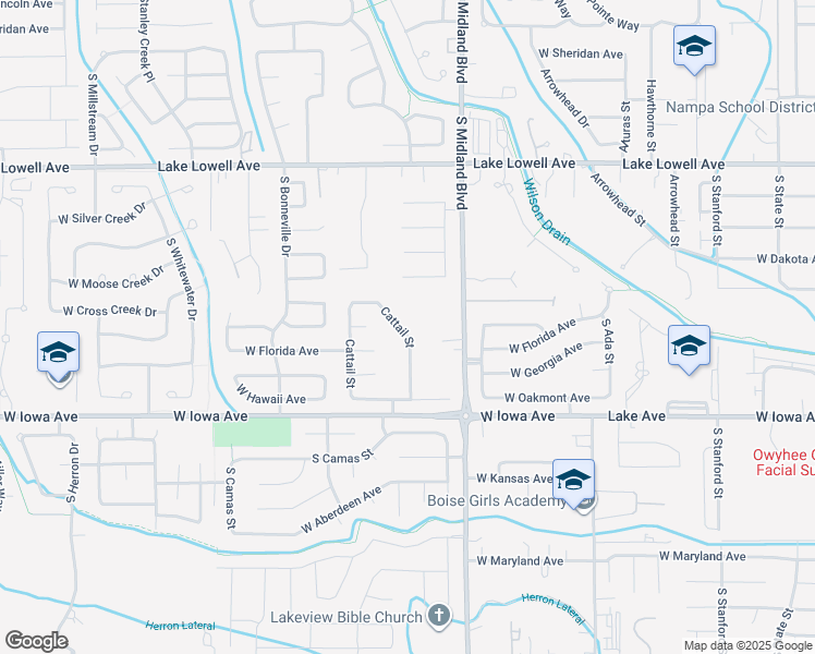 map of restaurants, bars, coffee shops, grocery stores, and more near 1244 Willow Creek Drive in Nampa